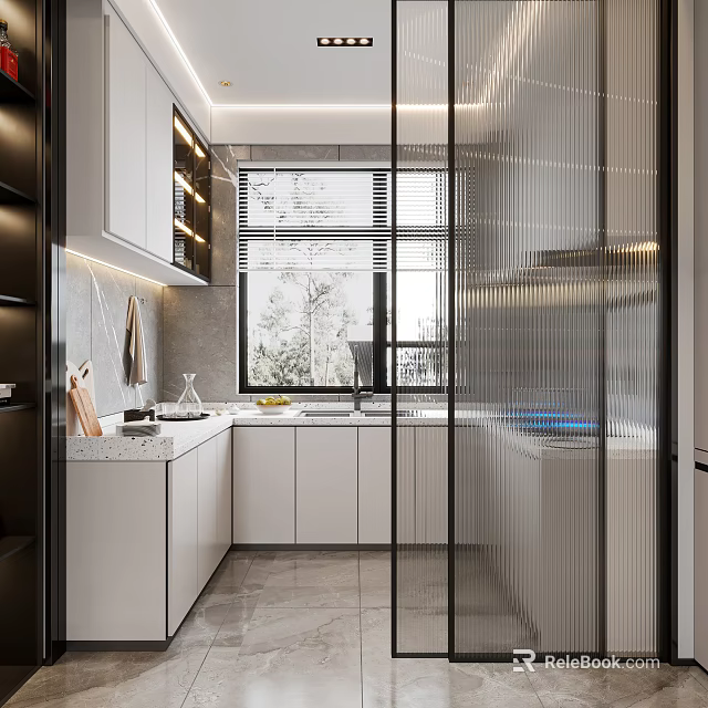 Sleek Modern Kitchen Interior Design With White Cabinets Island Countertop And Window 3d model 