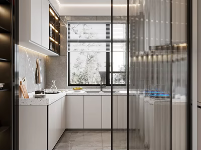 Sleek Modern Kitchen Interior Design With White Cabinets Island Countertop And Window 3d model