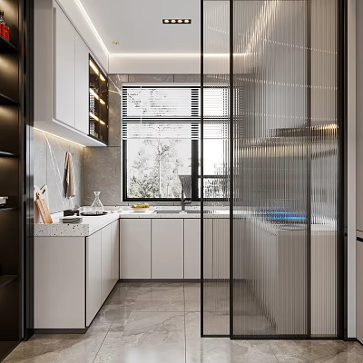 Sleek Modern Kitchen Interior Design With White Cabinets Island Countertop And Window 3d model