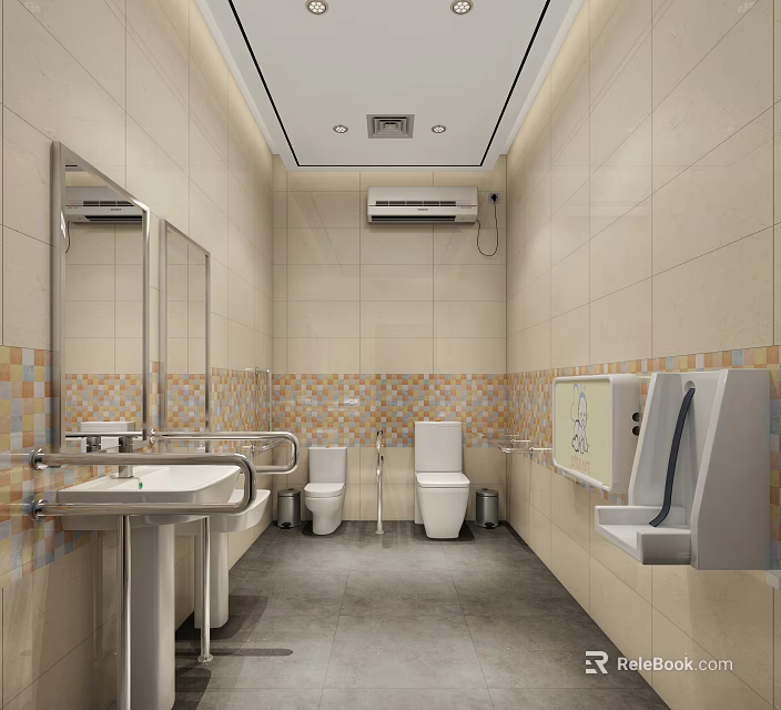 Well Designed Accessible Public Bathroom With Beige Tiled Walls And Full Practical Sanitary Facilities 3d model 