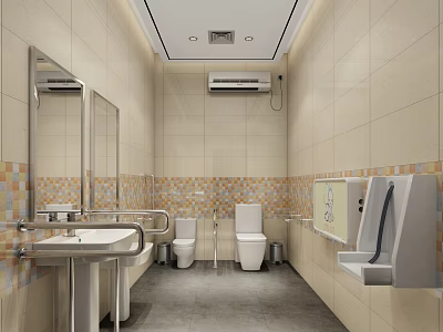 Well Designed Accessible Public Bathroom With Beige Tiled Walls And Full Practical Sanitary Facilities 3d model