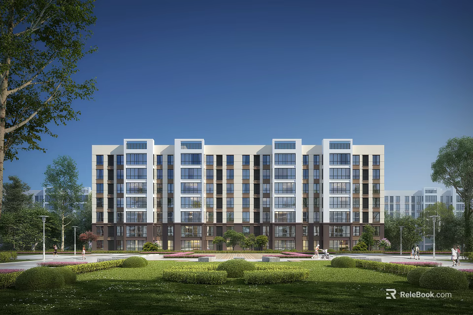 Modern Mid Rise Residential Building Exterior With Green Landscaping And Lawn Trees 3d model 