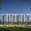 Modern Mid Rise Residential Building Exterior With Green Landscaping And Lawn Trees