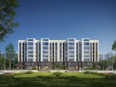 Modern Mid Rise Residential Building Exterior With Green Landscaping And Lawn Trees 3d model