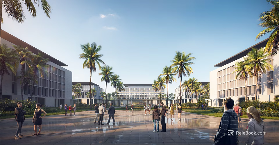 Modern School Campus Buildings With Palm Trees And Open Plaza 3d model 