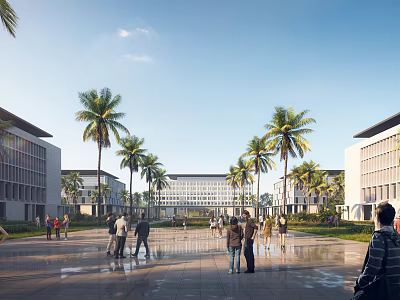 Modern School Campus Buildings With Palm Trees And Open Plaza 3d model