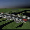 Modern Bridge With Red Canopies Over River And Scenic Mountain City Landscape