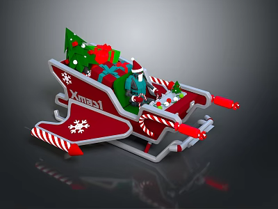 Commercial Equipment Red Sleigh With Christmas Tree Gifts Snowflake Candy Cane Decorations Xmas Brand 3d model