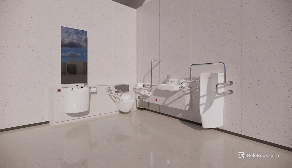 Accessible Bathroom Suite With White Toilet Sink Grab Bars And Decorative Painting 3d model 