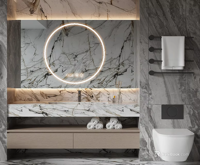 Modern Bathroom Cabinet With Marble Countertop Round Illuminated Mirror And Towels 3d model 