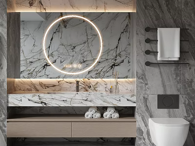 Modern Bathroom Cabinet With Marble Countertop Round Illuminated Mirror And Towels 3d model