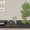 Modern Decorative Ornament Set With Small Potted Tree Metal Jug Mugs And Wooden Tray