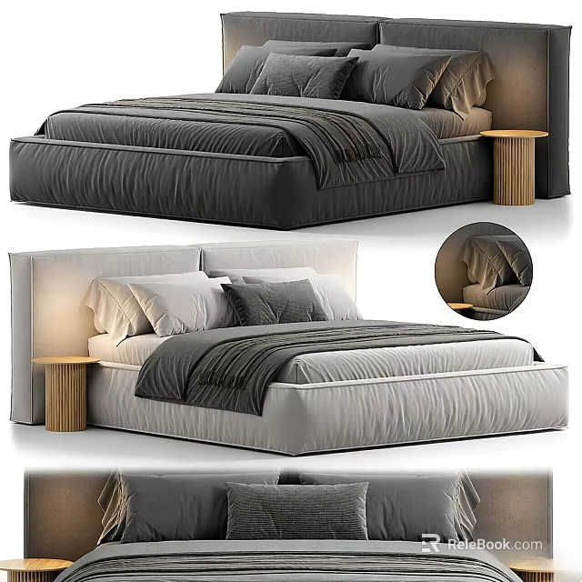 Modern Double Bed Design With Gray White Upholstered Headboard And Wooden Nightstand 3d model 