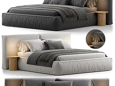 Modern Double Bed Design With Gray White Upholstered Headboard And Wooden Nightstand 3d model
