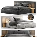 Modern Double Bed Design With Gray White Upholstered Headboard And Wooden Nightstand