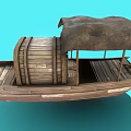 Traditional Wooden Water Transportation Boat With Brown Canopy And Large Wooden Wheel