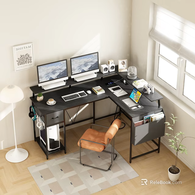 Modern Office Desk Setup With Dual Monitors Orange Chair Potted Plant And Storage Near Window 3d model 