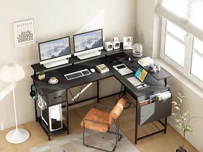 Modern Office Desk Setup With Dual Monitors Orange Chair Potted Plant And Storage Near Window 3d model