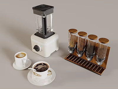 Modern Kitchen Appliances Featuring Blender Coffee Bean Jars Latte And Black Coffee Cups 3d model