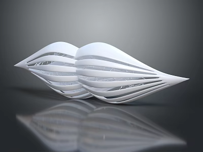 Curved White Architectural Sculpture With Layered Streamlined Design On Reflective Surface 3d model
