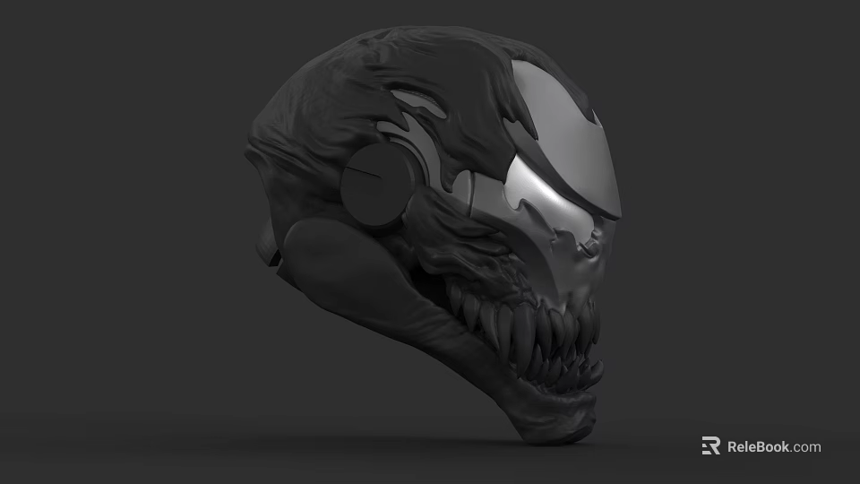 Game And Movie Character Black Metallic Helmet With Intricate Textures Sharp Teeth Design 3d model 
