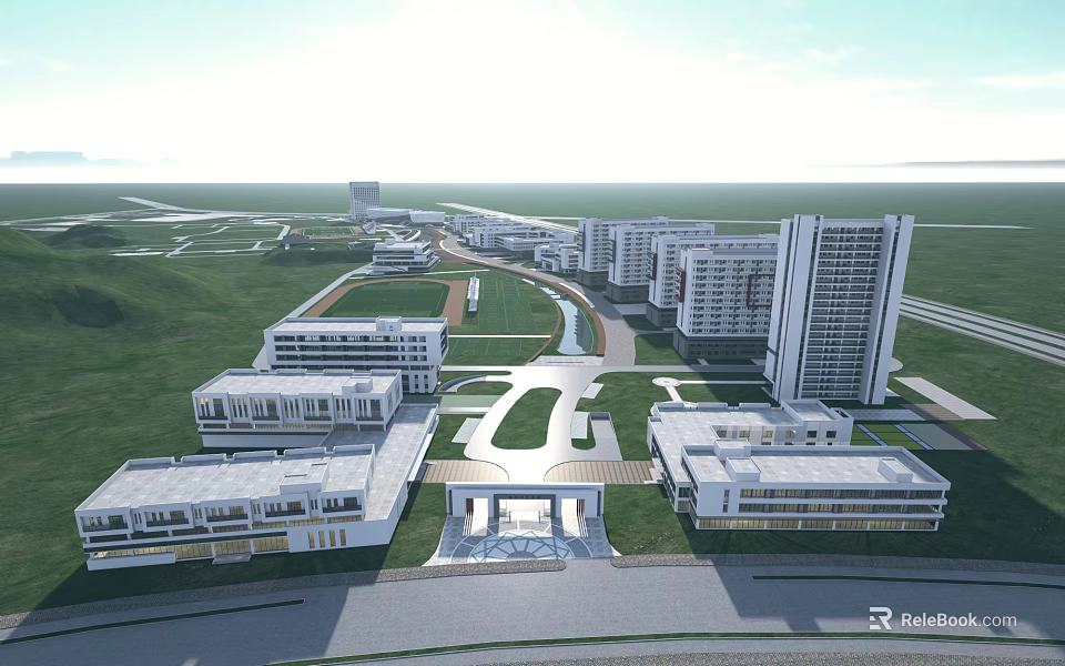 Modern School Campus Buildings With Spacious Layout And Green Lawn Areas 3d model 