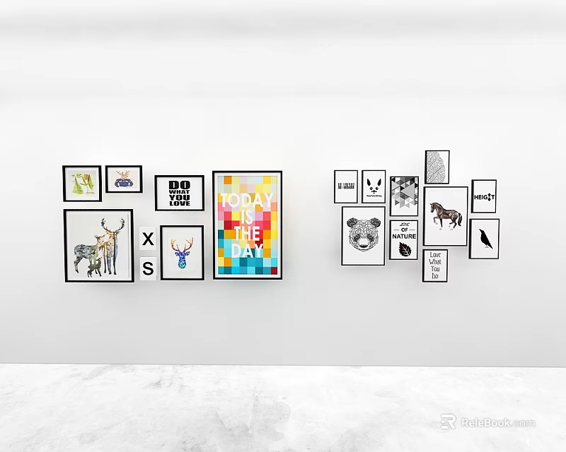 Abstract Paintings Wall Decor With Various Styles Colorful Black White Animal Motifs Text Elements 3d model 