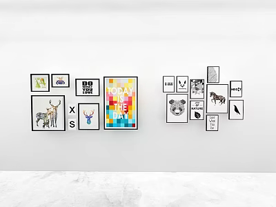 Abstract Paintings Wall Decor With Various Styles Colorful Black White Animal Motifs Text Elements 3d model