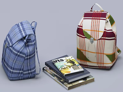 Stylish Backpacks With Blue Plaid And Colorful Striped Pattern And Stacked Books On Gray Background 3d model