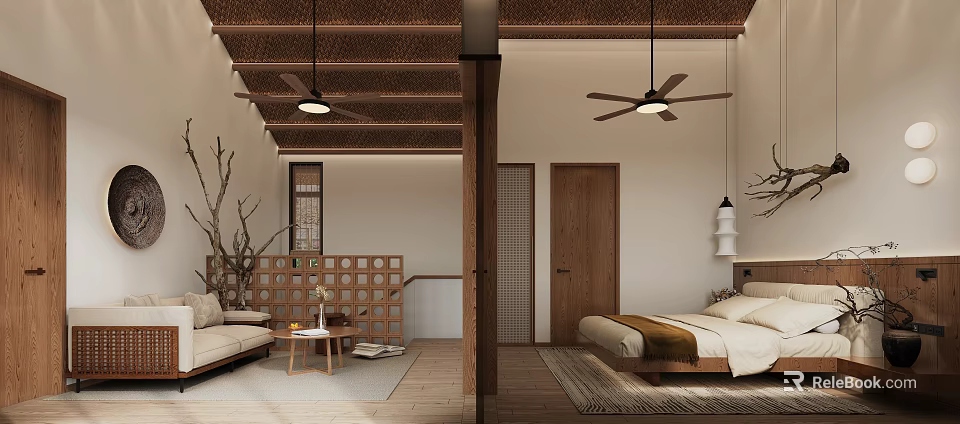 Cozy Hotel Guest Room Interior With Wooden Ceiling Ceiling Fans Sofa Bed And Perforated Screen 3d model 