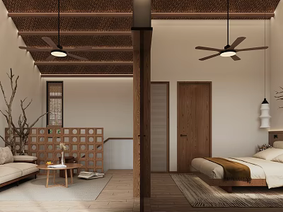 Cozy Hotel Guest Room Interior With Wooden Ceiling Ceiling Fans Sofa Bed And Perforated Screen 3d model