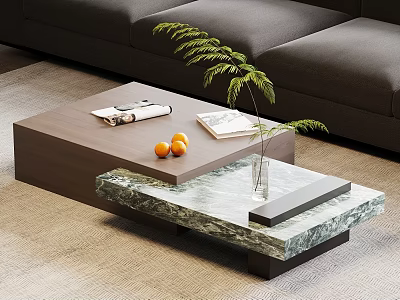Modern Coffee Table With Wooden And Marble Top Magazine Book Oranges Green Plant Vase 3d model