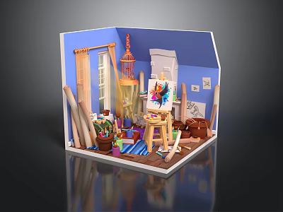 Art Studio Interior With Easel Paint Brushes Plants Birdcage And Window Curtains 3d model