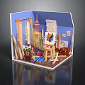 Art Studio Interior With Easel Paint Brushes Plants Birdcage And Window Curtains