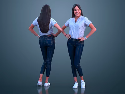 Woman In White Shirt Blue Jeans And White Sneakers With Long Hair 3d model