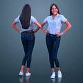 Woman In White Shirt Blue Jeans And White Sneakers With Long Hair