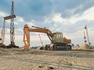 Industrial Factory Construction Site With Excavator Crane And Building Materials 3d model