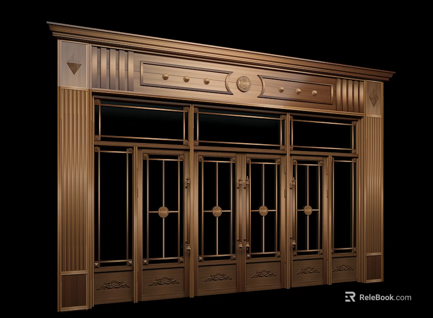 Ornate Brass Door With Multiple Panels Glass Panes And Decorative Carvings 3d model 