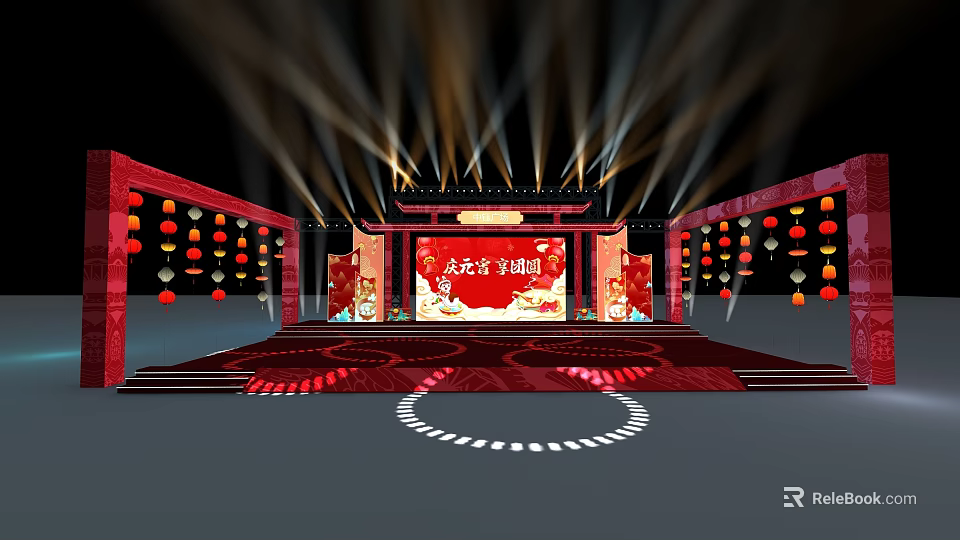 Traditional Red Stage Design With Hanging Red Lanterns And Bright Lighting Backdrop 3d model