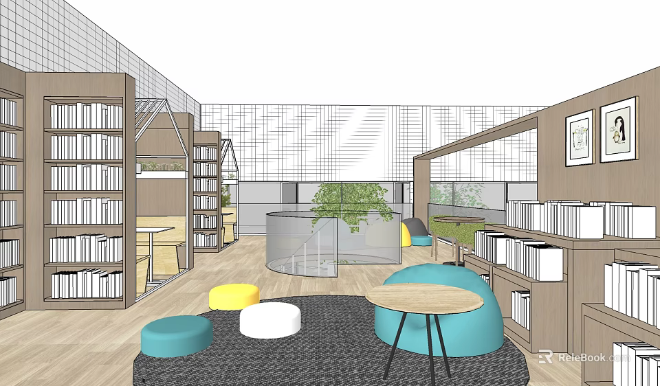 Café Interior With Bookshelves Round Sofas Small Tables And Green Plants 3d model 
