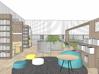 Café Interior With Bookshelves Round Sofas Small Tables And Green Plants 3d model