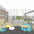 Café Interior With Bookshelves Round Sofas Small Tables And Green Plants