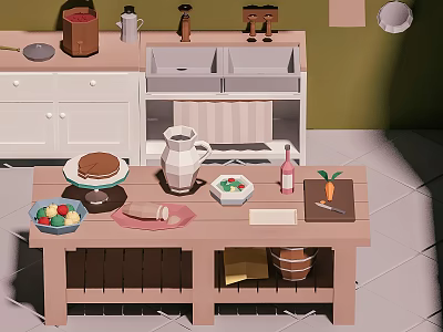 Cartoon Kitchen Scene With Pancakes Pitcher Fruits Carrot And Bottle On Table Cabinets And Sink 3d model