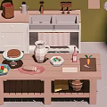Cartoon Kitchen Scene With Pancakes Pitcher Fruits Carrot And Bottle On Table Cabinets And Sink