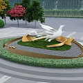 Sculpture With White Bird Spread Wings Golden Wave Decorations Green Trees Bamboo Grove And Lawn