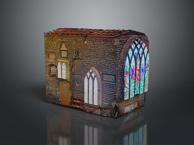 Detailed Church Model With Brick Walls Wooden Door Arched Windows And Stained Glass 3d model