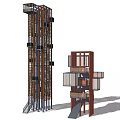 Two Modern Towers With Vertical Black Components And Red Framed Layered Staircases 3d model
