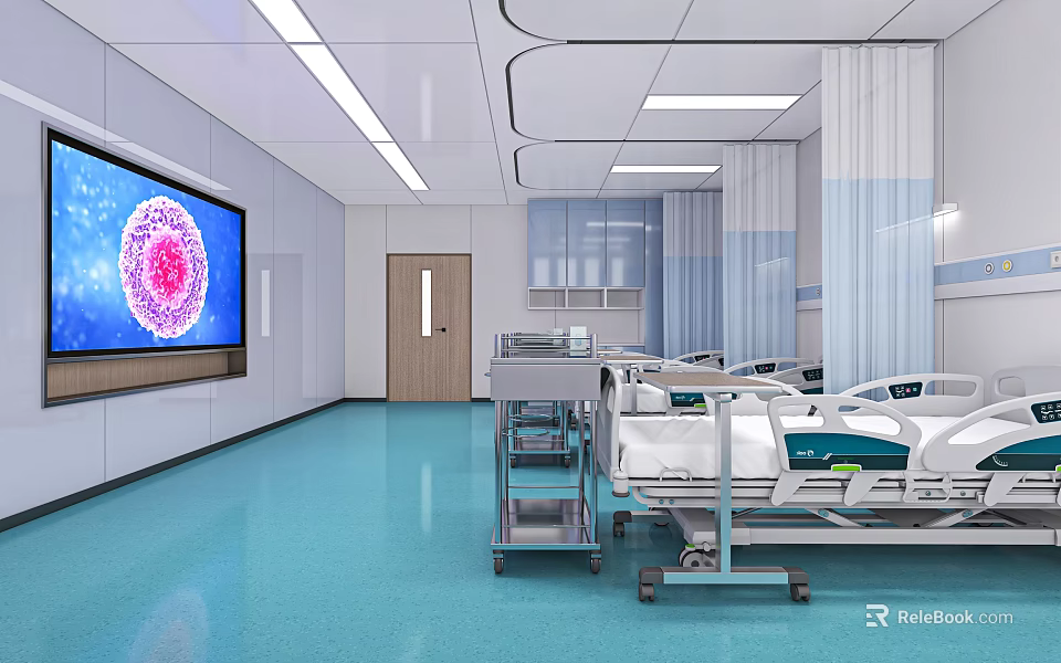 Modern Hospital Ward With Large Screen Virus Image Medical Beds And Equipment Setup 3d model 