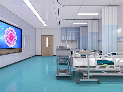 Modern Hospital Ward With Large Screen Virus Image Medical Beds And Equipment Setup 3d model