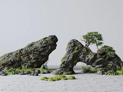 Natural Stone and Wood Decorative Scene with Small Tree Moss and Green Plants 3d model
